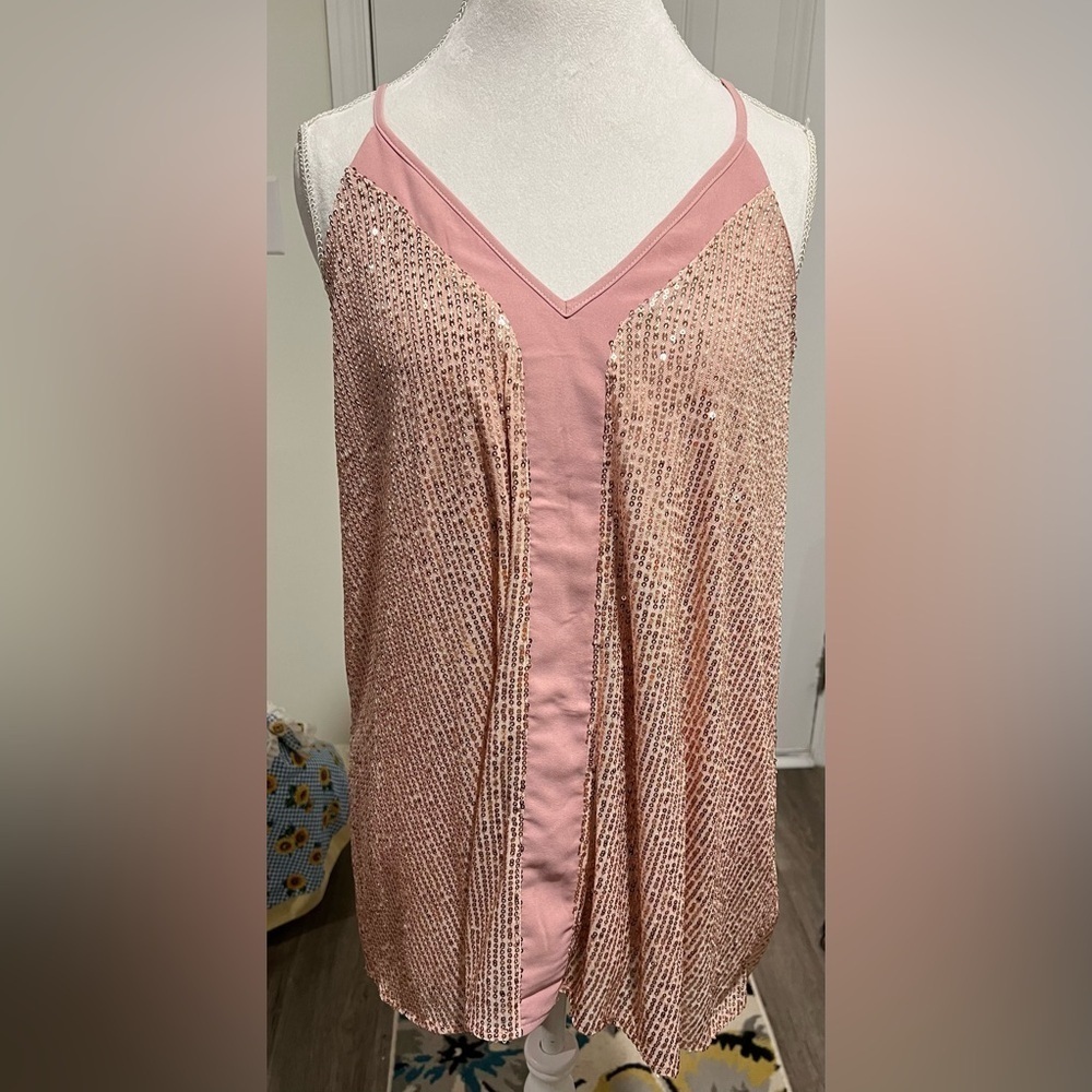 Pink Sequin Sleeveless Party Top Sz 2XL Swiftie Lover Aesthetic Rose Gold Disco